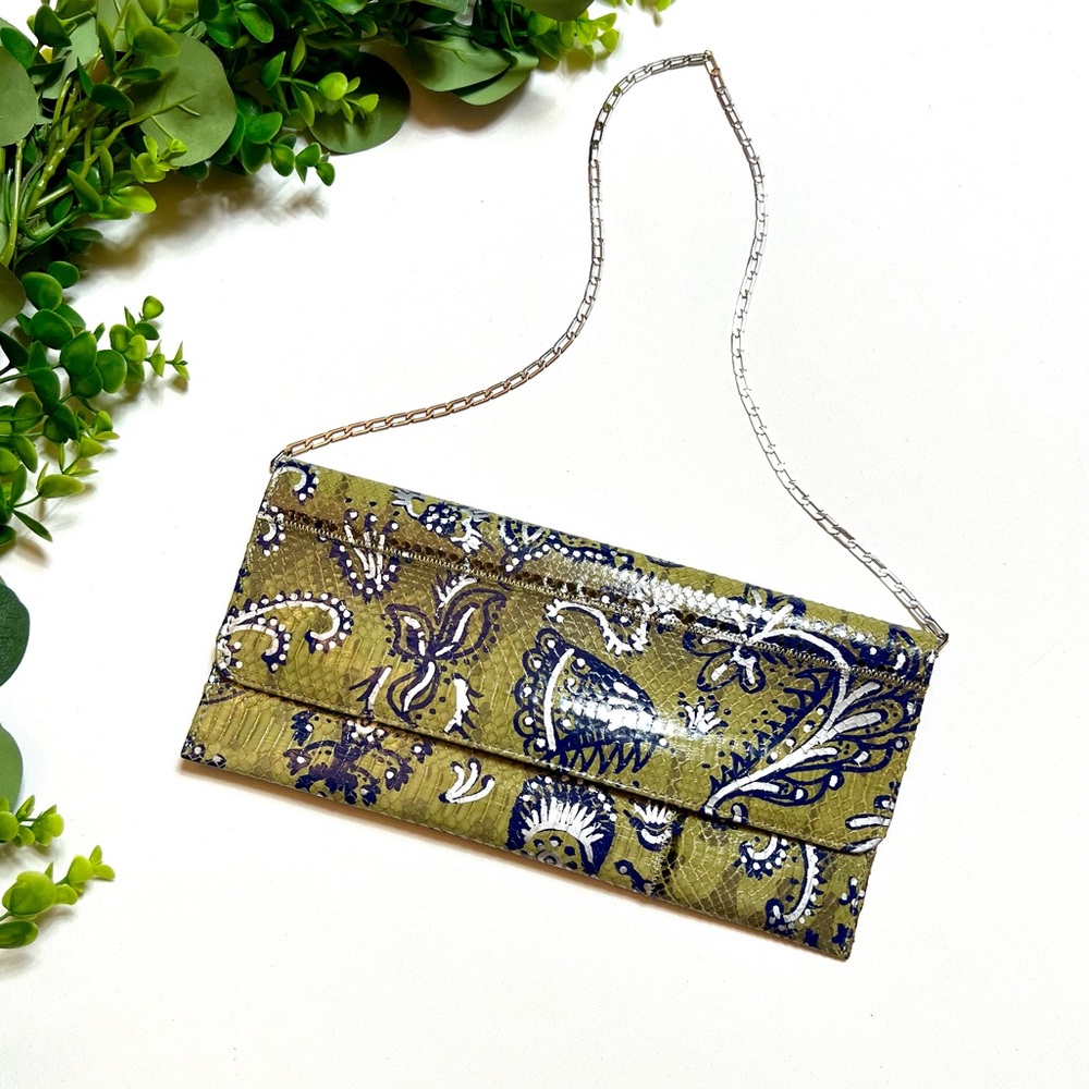Carlos Falchi Snakeskin Leather Olive and Navy Paisley Clutch